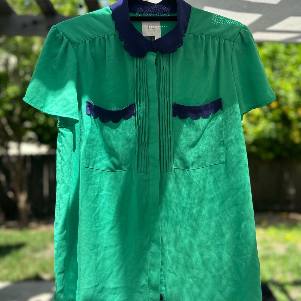 HD in Paris Green Top with Navy Trim